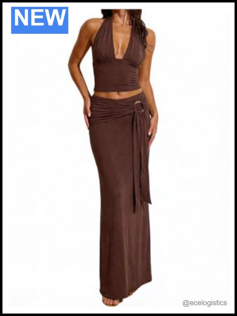 Women's 2 Piece Going Out Outfit Sleeveless Crop Halter Top & Maxi Skirt